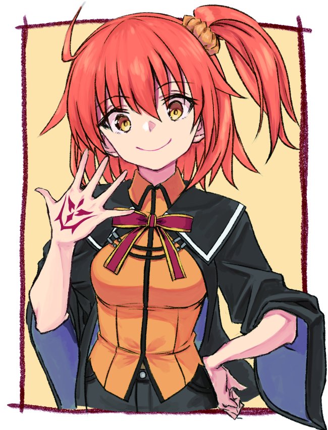 1girl ahoge breasts closed_mouth command_spell fate/grand_order fate_(series) fujimaru_ritsuka_(female) hair_ornament hair_scrunchie looking_at_viewer mage's_association_uniform medium_hair nyantiu orange_hair scrunchie side_ponytail smile solo yellow_eyes