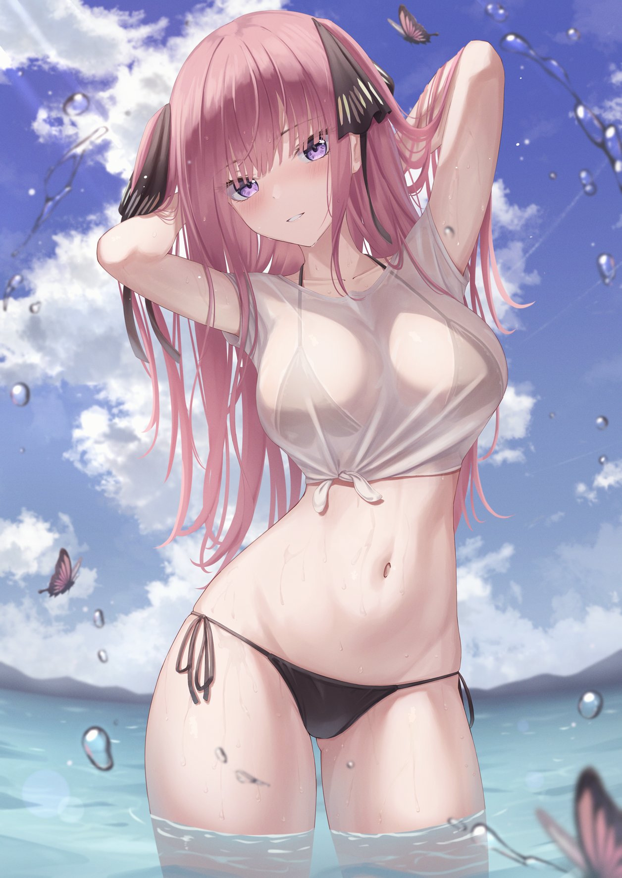 1girl arms_behind_head arms_up ass_visible_through_thighs bikini black_bikini breasts bug butterfly clouds collarbone cowboy_shot crop_top day front-tie_top go-toubun_no_hanayome hair_ribbon halter_top halterneck highres large_breasts long_hair looking_at_viewer marinesnow nakano_nino navel outdoors parted_lips pink_hair ribbon see-through shirt short_sleeves side-tie_bikini smile solo standing stomach string_bikini sunlight swimsuit two_side_up violet_eyes wading water wet wet_clothes wet_shirt white_shirt
