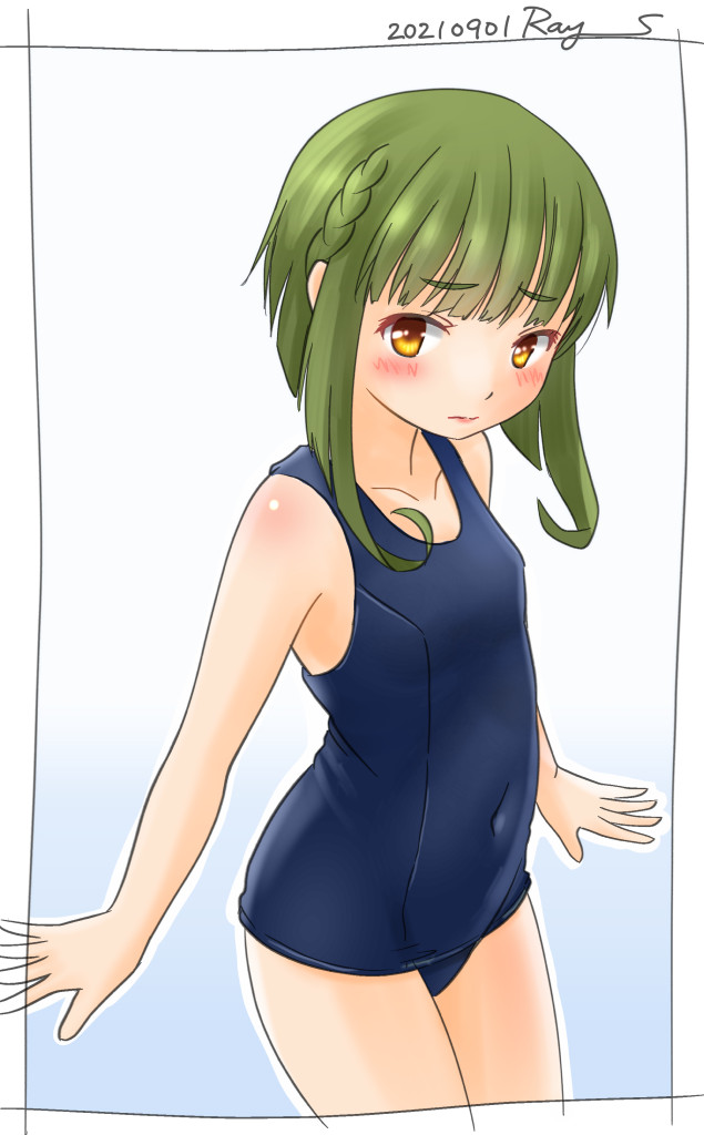 1girl artist_name blue_swimsuit bob_cut braid brown_eyes commentary_request cowboy_shot dated flat_chest gradient gradient_background green_hair kantai_collection one-hour_drawing_challenge ray.s school_swimsuit short_hair short_hair_with_long_locks sidelocks solo standing swimsuit takanami_(kancolle) white_background