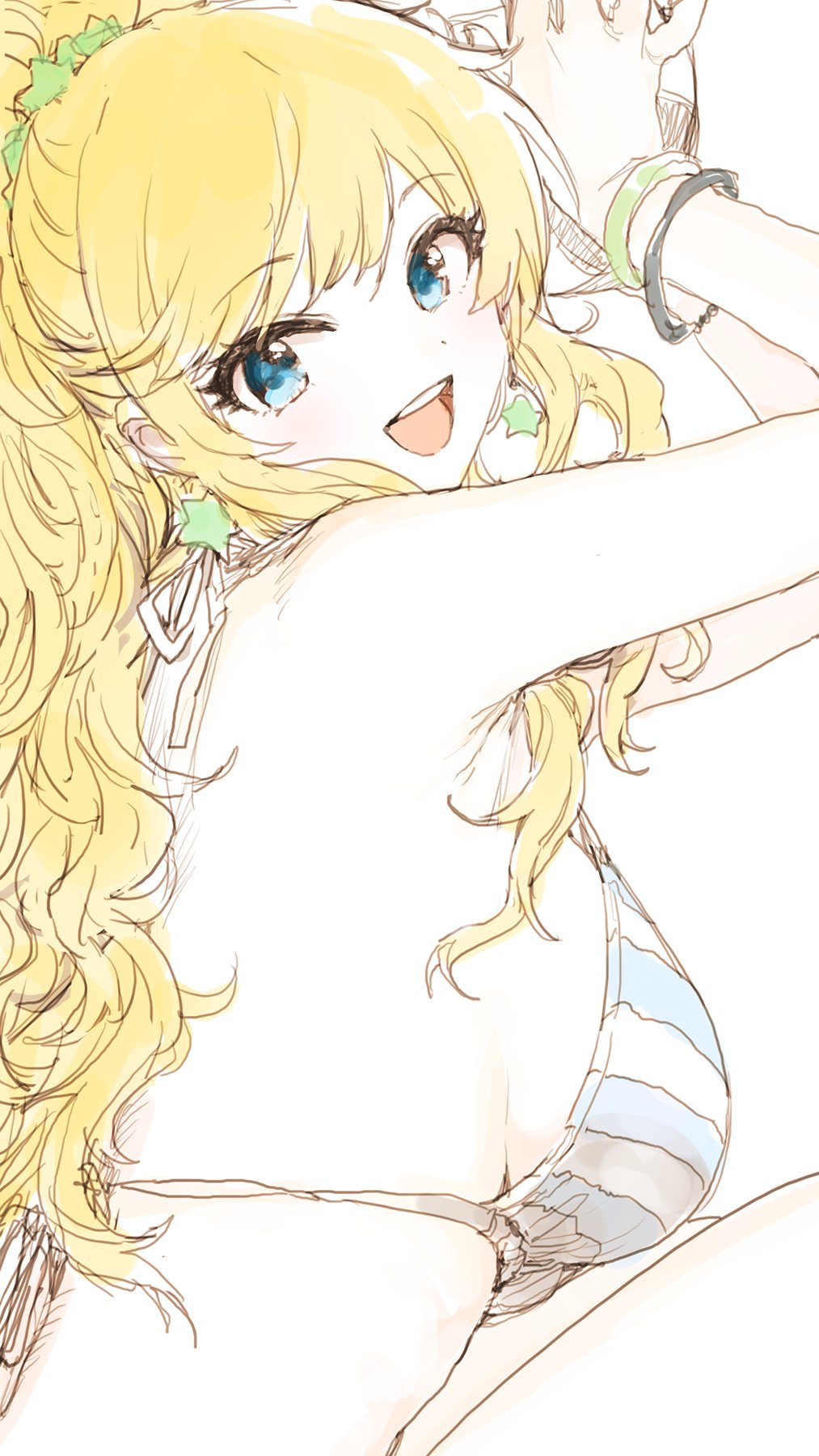1girl :d armpits arms_up ball bare_back bare_shoulders beachball bikini blonde_hair blue_eyes blush bracelet breasts earrings eyebrows_visible_through_hair goshiki_suzu halterneck highres idolmaster idolmaster_cinderella_girls jewelry large_breasts looking_at_viewer looking_back ohtsuki_yui open_mouth ponytail round_teeth sideboob simple_background sketch smile solo star_(symbol) star_earrings striped striped_bikini swimsuit teeth wavy_hair white_background
