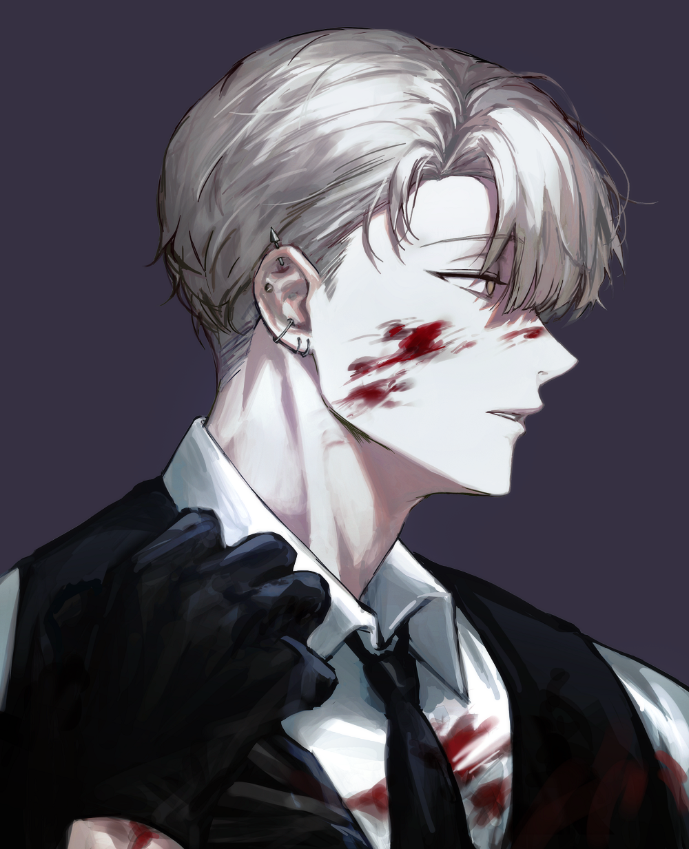 1boy black_gloves black_vest blood blood_on_clothes blood_on_face commission ear_piercing earrings gloves half-closed_eyes highres jewelry kkxmxx male_focus multiple_earrings necktie original parted_lips piercing shirt short_hair solo teeth upper_body vest white_hair white_shirt