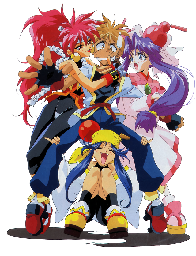 1990s_(style) 1boy bangs bike_shorts bloodberry blue_eyes blue_hair cherry_(saber_j) closed_mouth earrings fangs fingerless_gloves gloves grin high_ponytail hug jewelry lime_(saber_j) lipstick long_hair long_sleeves makeup mamiya_otaru official_art open_mouth outstretched_arm parted_lips pinky_out platform_footwear purple_hair red_eyes red_lips redhead retro_artstyle saber_marionette_j sidelocks simple_background smile squatting standing sweatdrop white_background