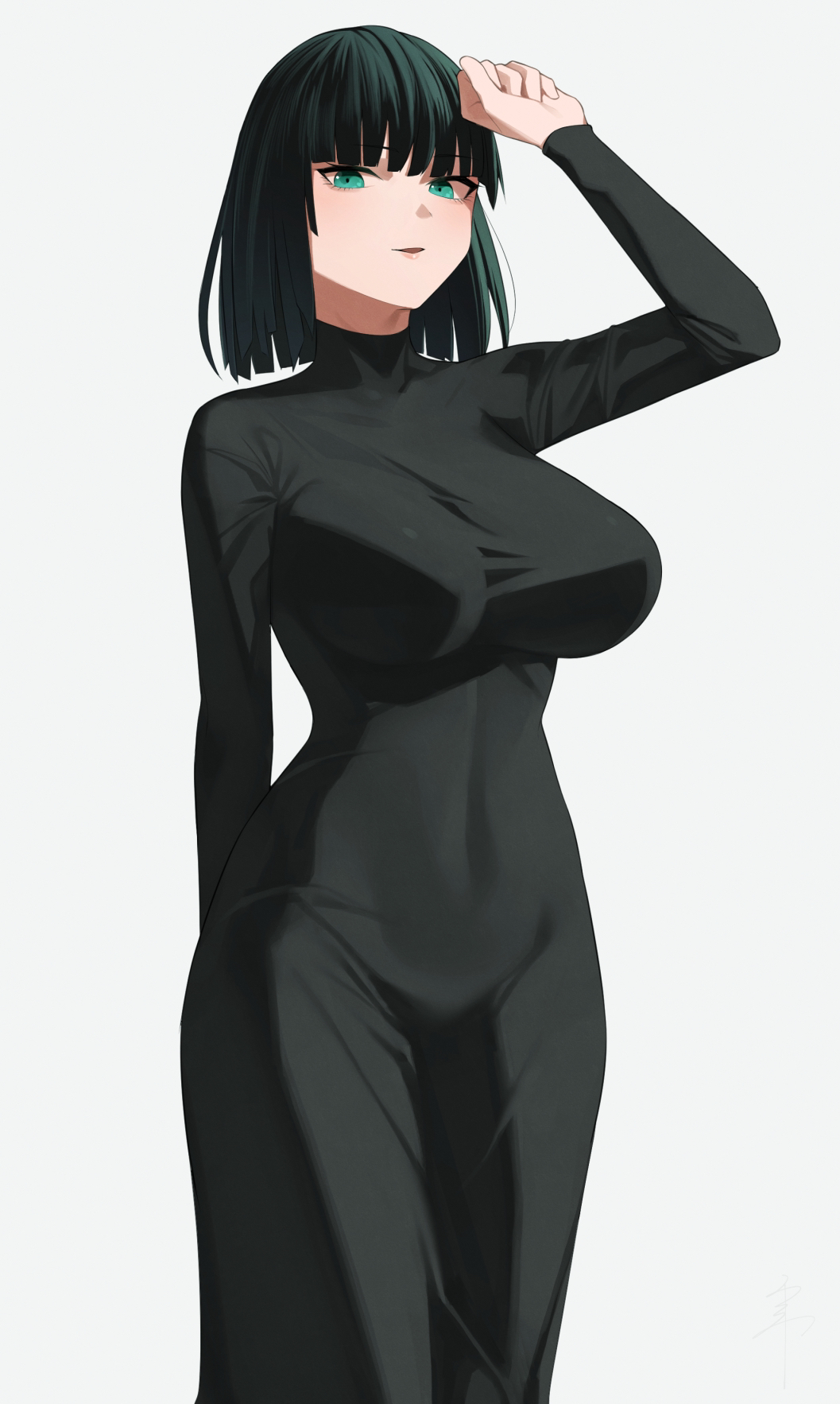 1girl arm_behind_back arm_up bangs black_dress black_hair breasts commentary_request dress fubuki_(one-punch_man) green_eyes highres impossible_clothes large_breasts long_sleeves looking_at_viewer one-punch_man parted_lips senju_(snz0) short_hair simple_background skin_tight solo