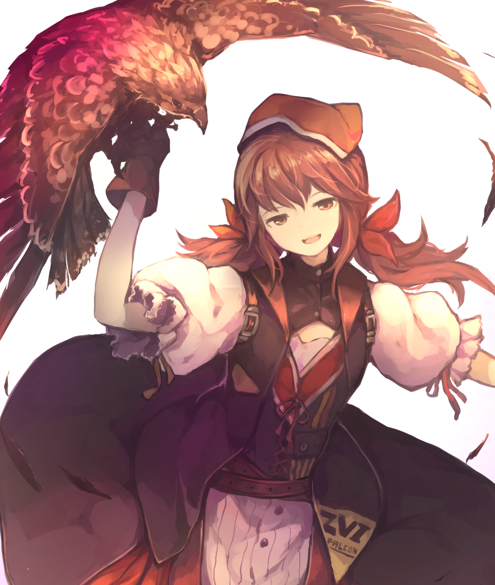 1girl :d animal_on_arm bird bird_on_arm brown_hair character_name commentary_request dress falcon falcon_(girls_frontline) falconry girls_frontline gloves hair_ribbon head_scarf head_tilt long_hair looking_at_viewer open_mouth puffy_sleeves red_headwear ribbon short_sleeves smile solo suginakara_(user_ehfp8355) twintails white_background