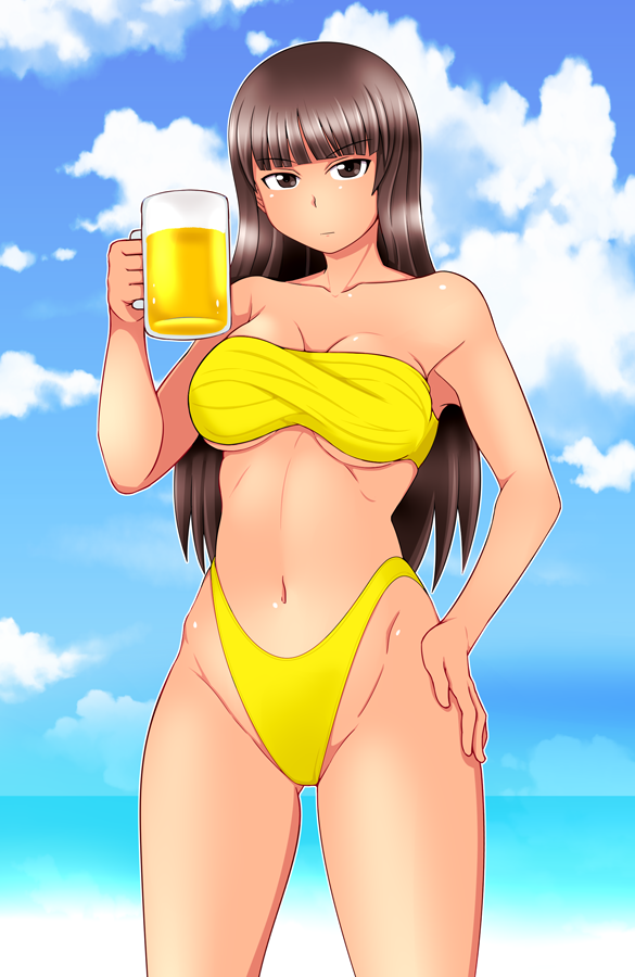 1girl alcohol bandeau beer beer_mug bikini black_eyes black_hair blue_sky breasts closed_mouth clouds cloudy_sky commentary cowboy_shot cup day eyebrows_visible_through_hair girls_und_panzer hand_on_hip highleg highleg_bikini holding holding_cup horizon large_breasts light_frown long_hair looking_at_viewer mug navel nishizumi_shiho ocean outdoors sky solo standing straight_hair strapless strapless_bikini swimsuit tanaka_rikimaru textless yellow_bikini