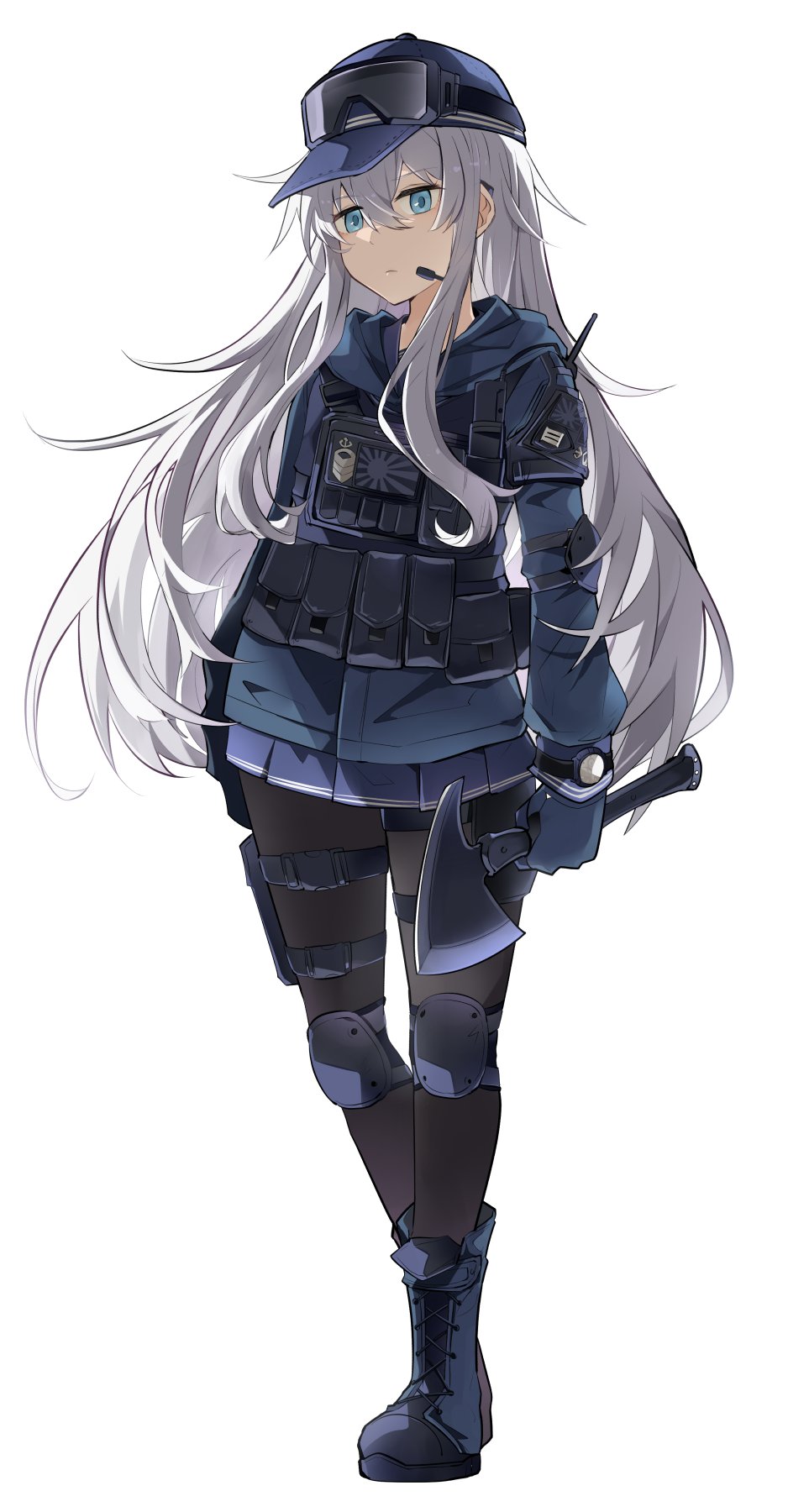 1girl alternate_costume axe baseball_cap black_footwear black_gloves black_legwear black_skirt black_vest blue_eyes boots cross-laced_footwear full_body gloves goggles goggles_on_head hat headset hibiki_(kancolle) highres hood hooded_sweater hoodie ido_(teketeke) kantai_collection lace-up_boots long_hair microphone pantyhose pleated_skirt silver_hair simple_background skirt solo standing sweater vest white_background