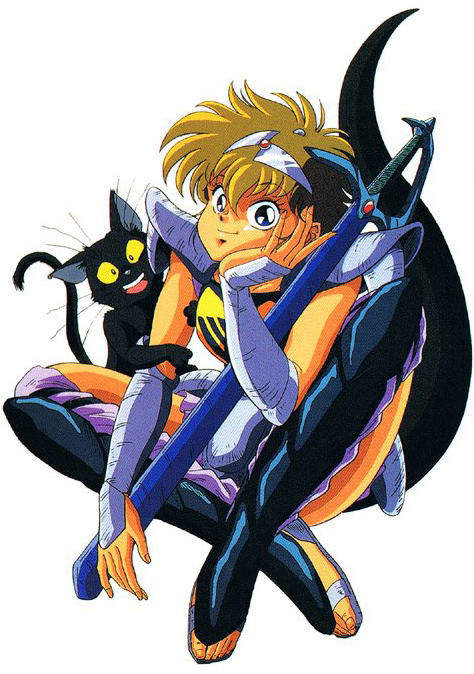 1990s_(style) 1girl arm_hug armor black_cat blonde_hair blue_eyes cat full_body head_rest headpiece luna_de_rimsbel majuu_senshi_luna_varga official_art pauldrons retro_artstyle sheath sheathed short_hair shoulder_armor simple_background sitting smile solo sword tail vambraces weapon white_background