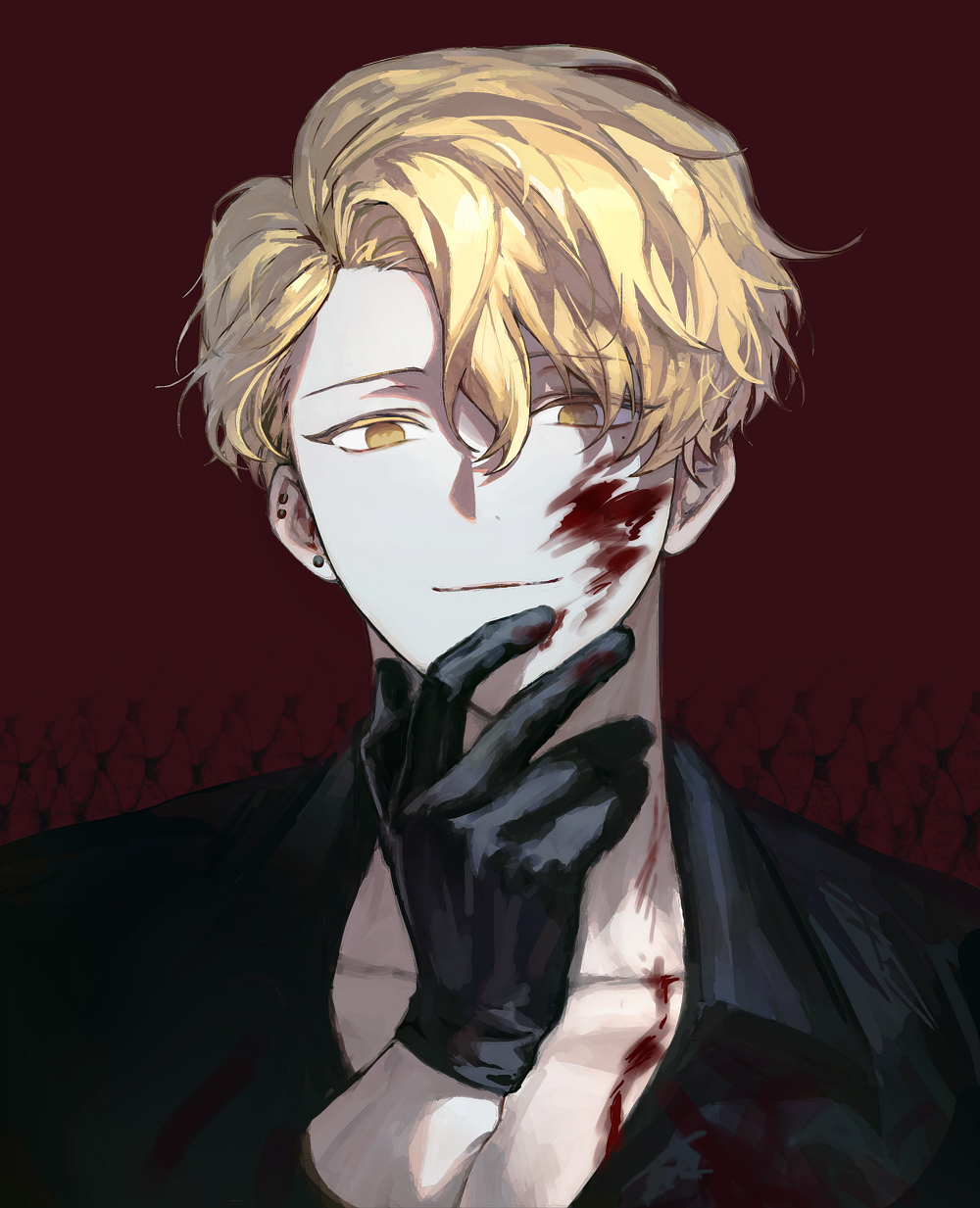 1boy black_gloves black_jacket blonde_hair blood blood_on_clothes blood_on_face closed_mouth commission earrings gloves highres jacket jewelry kkxmxx looking_at_viewer male_focus multiple_earrings original red_background short_hair simple_background smile solo upper_body yellow_eyes