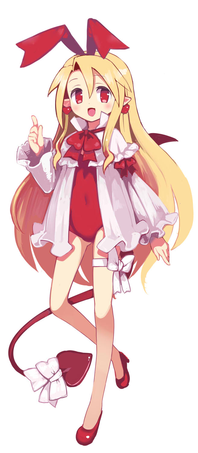 1girl :d ajitarou_(setsu) bare_legs blonde_hair blouse bow bowtie capelet covered_navel demon_tail disgaea earrings flonne flonne_(fallen_angel) full_body hair_ribbon heart heart_earrings high_heels highres jewelry leotard long_hair looking_at_viewer makai_senki_disgaea open_mouth pointy_ears red_bow red_eyes red_footwear red_leotard red_ribbon ribbon simple_background smile solo standing tail tail_bow tail_ornament white_background white_blouse white_bow white_capelet wings