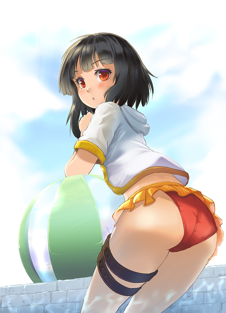 1girl ass back_peek ball bangs beachball bikini black_hair black_hairband blunt_bangs blush brick_wall clouds commentary elbow_rest eyelashes frilled_bikini frills hairband hood hood_down hoodie jas_(kda10457) kono_subarashii_sekai_ni_shukufuku_wo! leaning_forward looking_at_viewer looking_back megumin parted_lips red_bikini red_eyes reflection short_hair short_hair_with_long_locks sky solo swimsuit thigh_strap white_hoodie