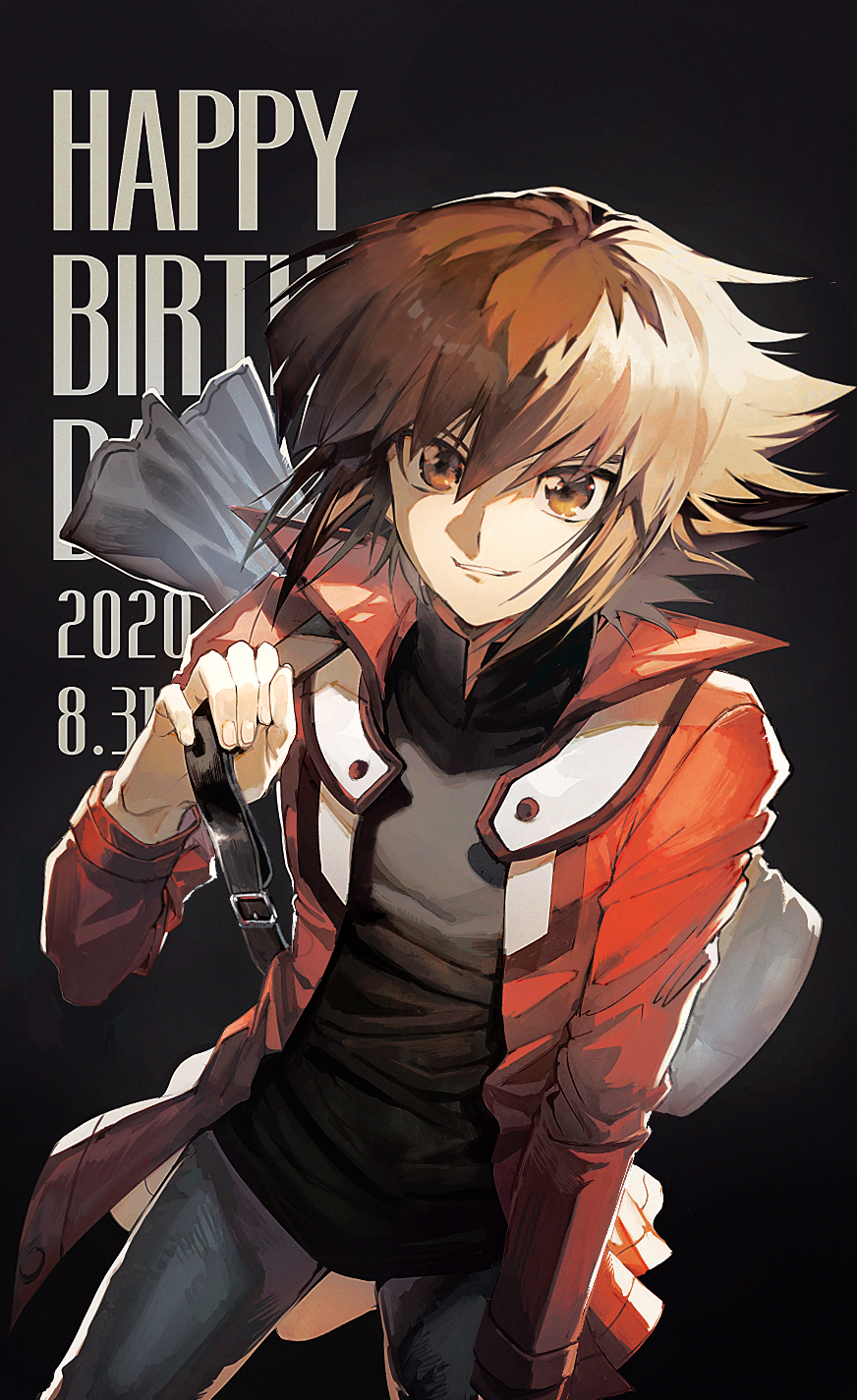 1boy aoki_(fumomo) bangs black_collar brown_hair collar collar_removed denim feet_out_of_frame hair_between_eyes happy_birthday highres holding jacket jeans leaning_forward light_brown_hair long_sleeves looking_at_viewer lying male_focus multicolored_hair on_back open_clothes open_jacket pants red_jacket school_uniform short_hair sidelocks solo two-tone_hair yu-gi-oh! yu-gi-oh!_gx yuuki_juudai