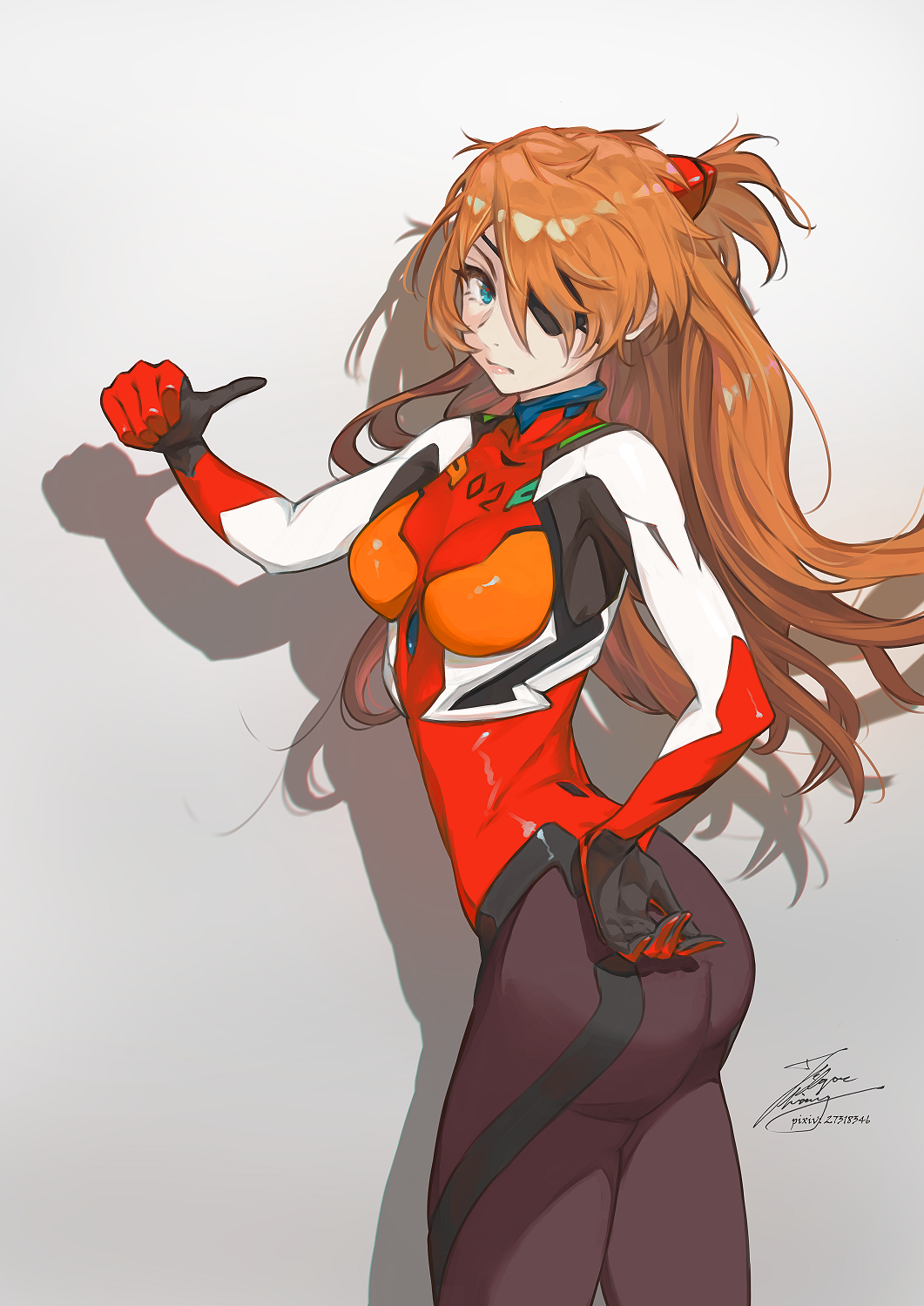 1girl ass blue_eyes breasts evangelion:_3.0_you_can_(not)_redo eyepatch fadingz grey_background hair_over_one_eye hand_on_hip highres interface_headset long_hair looking_at_viewer medium_breasts neon_genesis_evangelion orange_hair pixiv_id plugsuit rebuild_of_evangelion revision shadow signature skin_tight solo souryuu_asuka_langley thumbs_up