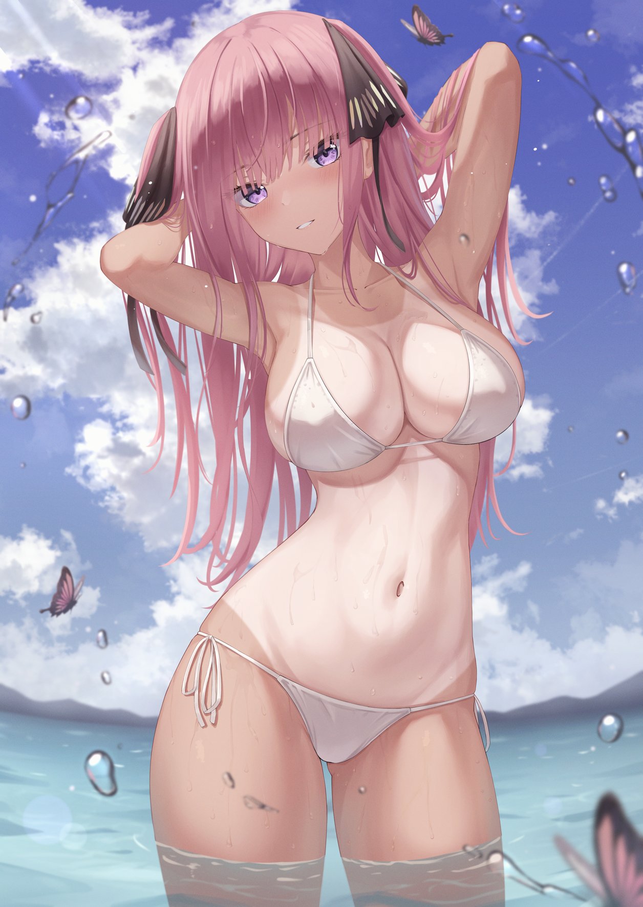 1girl arms_behind_head arms_up ass_visible_through_thighs bikini black_bikini breasts bug butterfly clouds collarbone cowboy_shot crop_top day front-tie_top go-toubun_no_hanayome hair_ribbon halter_top halterneck highres large_breasts long_hair looking_at_viewer marinesnow nakano_nino navel outdoors parted_lips pink_hair ribbon see-through short_sleeves side-tie_bikini smile solo standing stomach string_bikini sunlight swimsuit tan tanlines two_side_up violet_eyes wading water wet wet_clothes