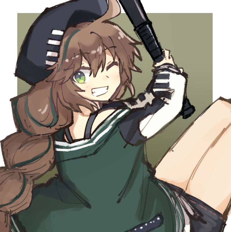 1girl arknights bangs baseball_bat beret black_headwear black_shorts border braid brown_hair cuora_(arknights) exion_(neon) green_background green_eyes grin hair_between_eyes hat holding holding_baseball_bat jacket letterman_jacket long_hair long_sleeves looking_at_viewer multicolored_hair one_eye_closed open_mouth shorts simple_background smile solo streaked_hair teeth twin_braids