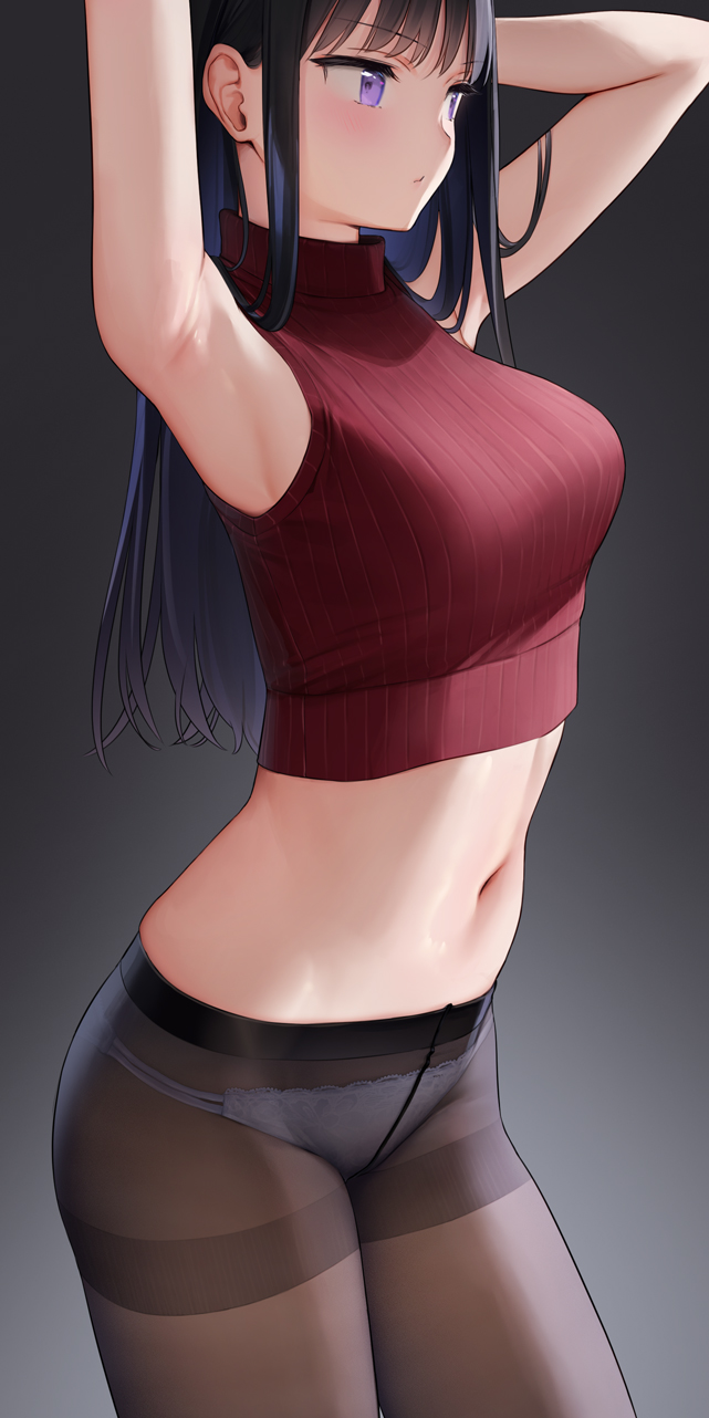 1girl armpits arms_up bangs black_hair black_legwear breasts closed_mouth commentary_request cowboy_shot eyebrows_visible_through_hair from_side highres long_hair looking_ahead medium_breasts midriff mignon navel no_pants original panties panties_under_pantyhose pantyhose red_sweater sleeveless sleeveless_turtleneck solo stomach straight_hair sweater turtleneck underwear violet_eyes