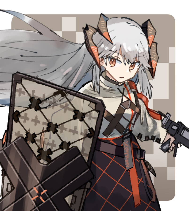 1girl arknights bangs border closed_mouth exion_(neon) grey_background gun hair_between_eyes holding holding_gun holding_weapon horns long_hair looking_at_viewer orange_eyes saria_(arknights) shield simple_background solo weapon white_hair