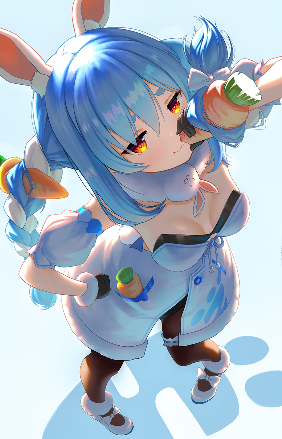 1girl :3 :t animal_ear_fluff animal_ears bangs black_gloves black_leotard blue_hair bow braid breasts brown_legwear bunny-shaped_pupils carrot_hair_ornament carrying closed_mouth commentary_request detached_sleeves don-chan_(usada_pekora) dress eating eyebrows_behind_hair food food-themed_hair_ornament from_above full_body fur-trimmed_dress fur-trimmed_gloves fur_trim gloves hair_between_eyes hair_bow hair_ornament highres holding holding_food hololive leotard long_hair looking_at_viewer looking_up multicolored_hair pantyhose puffy_short_sleeves puffy_sleeves rabbit_ears revision short_eyebrows short_sleeves small_breasts smug standing strapless strapless_dress strapless_leotard thick_eyebrows twin_braids twintails two-tone_hair usada_pekora very_long_hair virtual_youtuber white_bow white_dress white_hair white_sleeves yoka1chi