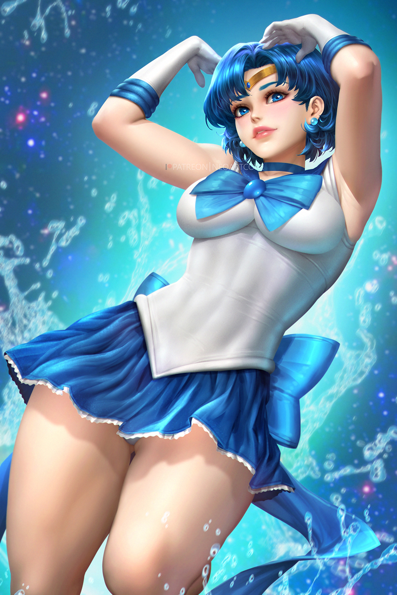 1girl armpits arms_up back_bow bangs bishoujo_senshi_sailor_moon blue_bow blue_eyes blue_hair blue_sky bow breasts cowboy_shot diadem earrings gloves jewelry large_breasts linea_alba neoartcore parted_bangs parted_lips sailor_mercury short_hair sky sleeveless solo splashing white_gloves