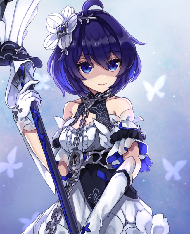 1girl antenna_hair bangs bare_shoulders blue_eyes blue_hair butterfly_background chabatake chain closed_mouth dress flower gloves hair_between_eyes hair_flower hair_ornament holding holding_weapon honkai_(series) honkai_impact_3rd looking_at_viewer scythe seele_vollerei seele_vollerei_(stygian_nymph) shaded_face short_hair sleeveless sleeveless_dress smile solo weapon white_dress white_flower white_gloves