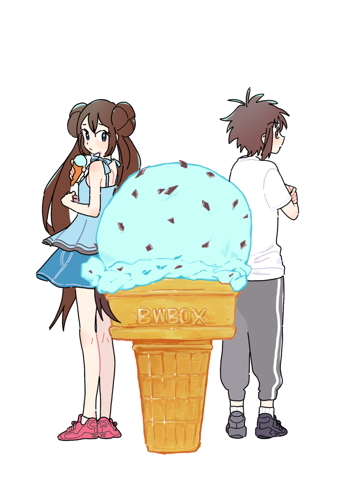 1boy 1girl bangs bare_arms blue_shirt blush brown_hair closed_mouth commentary_request double_bun food grey_pants hagetapo holding ice_cream ice_cream_cone long_hair looking_back nate_(pokemon) pants pink_footwear pokemon pokemon_(game) pokemon_bw2 ribbed_legwear rosa_(pokemon) shirt shoes short_sleeves skirt sleeveless sleeveless_shirt sneakers socks standing t-shirt twintails white_legwear white_shirt