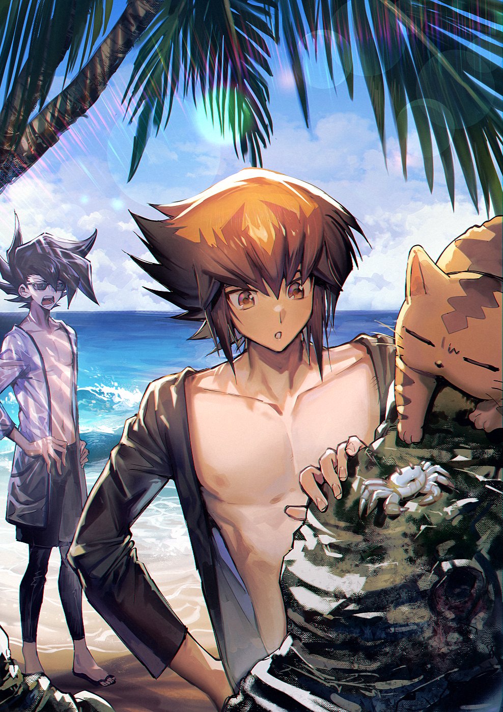 2boys alternate_costume aoki_(fumomo) bangs bare_pectorals beach black_hair black_male_swimwear brown_hair cat day hair_between_eyes highres legskin light_brown_hair long_sleeves looking_at_another male_focus male_swimwear manjoume_jun multicolored_hair multiple_boys nipples open_clothes open_shirt pectorals sand short_hair shouting sidelocks spiky_hair sun sunglasses sunlight toned toned_male tree two-tone_hair water yu-gi-oh! yu-gi-oh!_gx yuuki_juudai