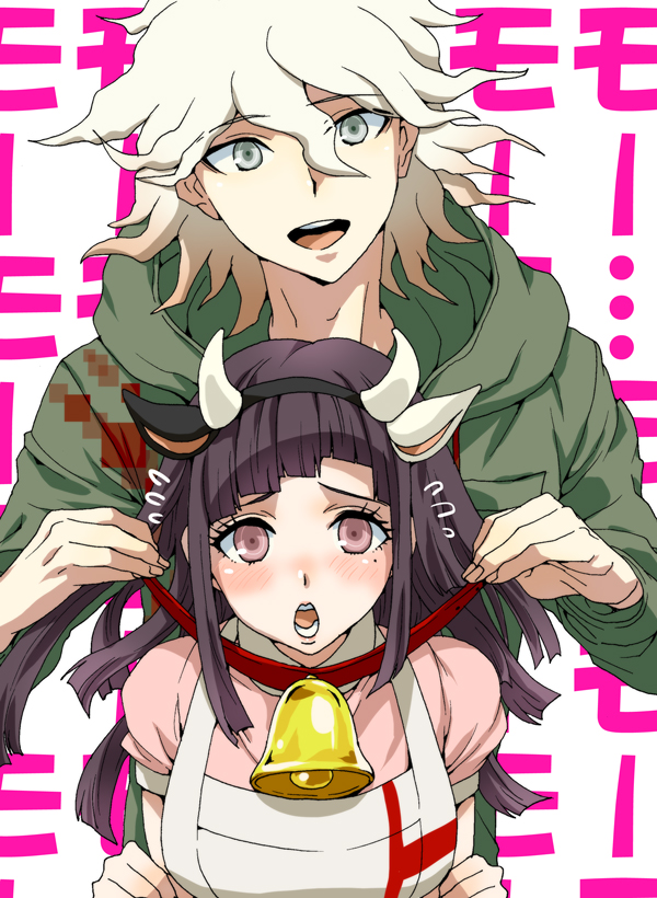 1boy 1girl :d apron bangs bell black_hair blush breasts cowbell dangan_ronpa_(series) dangan_ronpa_2:_goodbye_despair dosugon eyebrows_visible_through_hair flying_sweatdrops green_jacket grey_eyes hair_between_eyes hood hood_down hoodie jacket komaeda_nagito large_breasts long_hair looking_at_viewer mole mole_under_eye neck_bell open_mouth pink_background pink_eyes pink_shirt shirt smile teeth tsumiki_mikan upper_body upper_teeth white_apron white_background white_hair