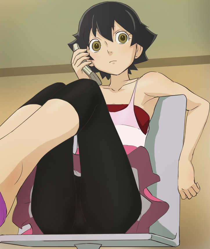 1girl armpits black_hair brown_eyes chair character_request closed_mouth collarbone dress haruyama_kazunori looking_at_viewer phone short_hair sitting solo spiky_hair yumedamaya_kidan