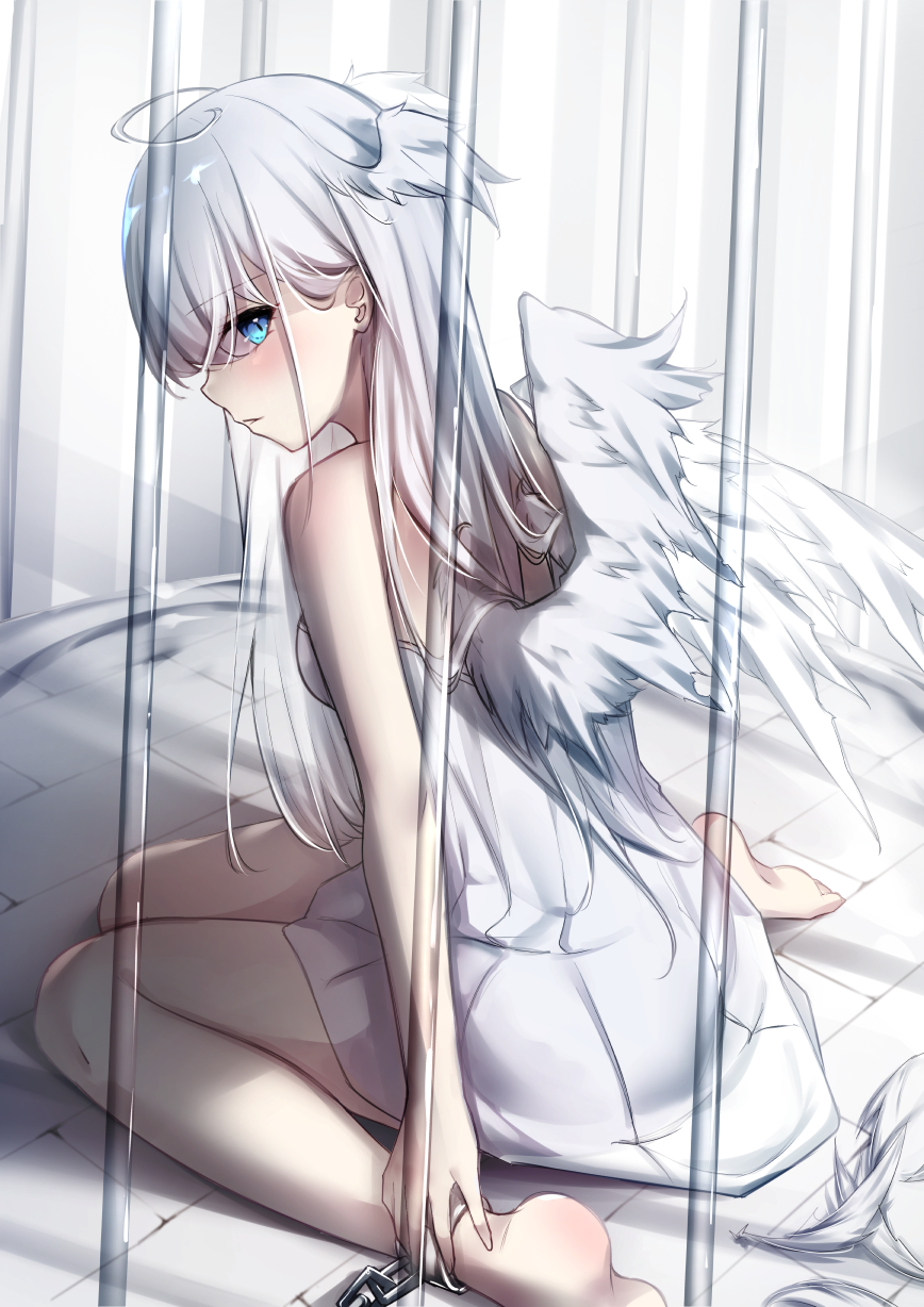 1girl ahoge blue_eyes cage chain chained commentary dress feathered_wings head_wings highres in_cage long_hair off-shoulder_dress off_shoulder original sideways_glance sitting solo umou_(may65879) wariza white_dress white_hair white_wings wings