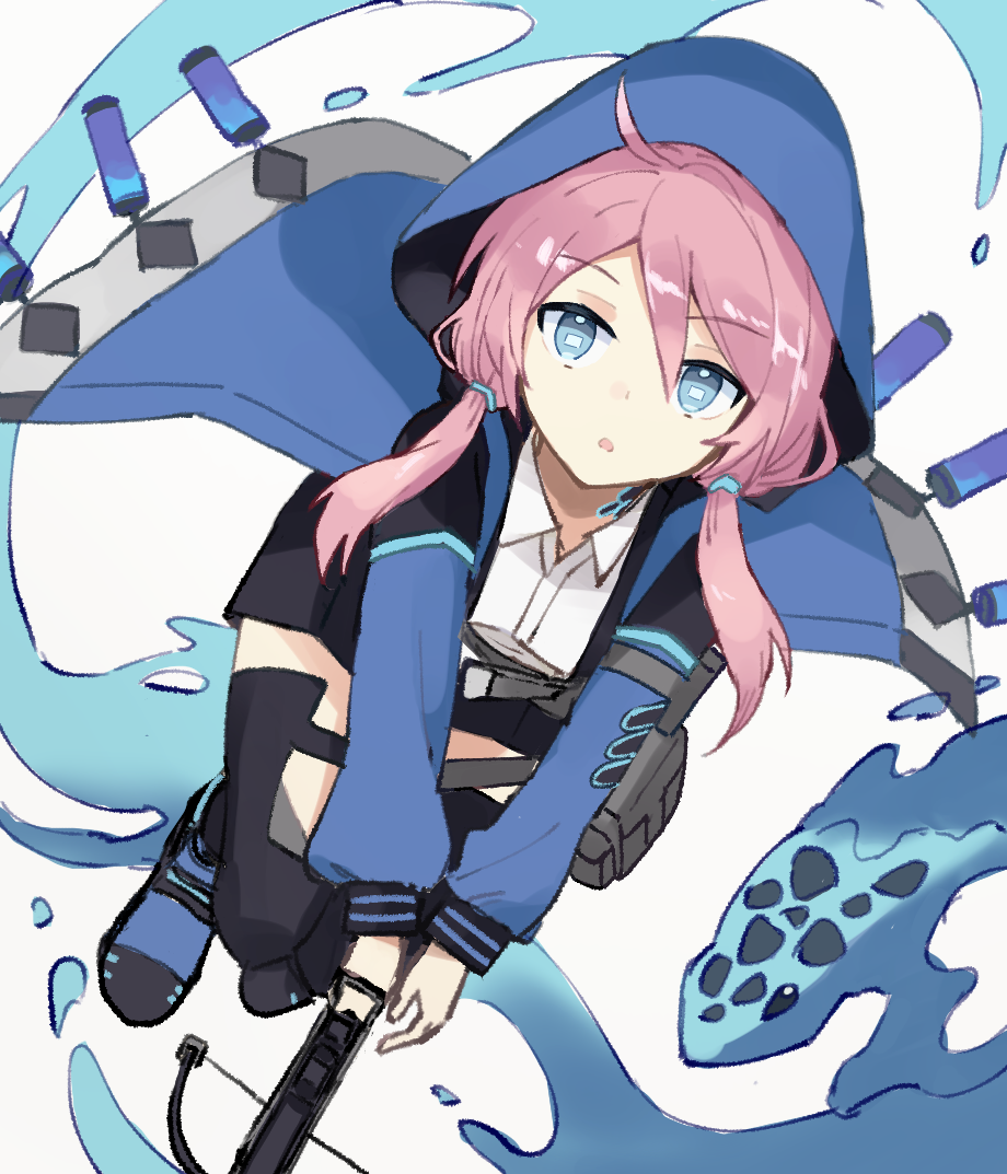 1girl :o antenna_hair arknights bangs black_footwear black_legwear black_shorts blue_eyes blue_jacket blue_poison_(arknights) exion_(neon) from_above hair_between_eyes holding_crossbow jacket long_hair looking_at_viewer open_mouth pink_hair shoes short_twintails shorts simple_background solo thigh-highs twintails water white_background