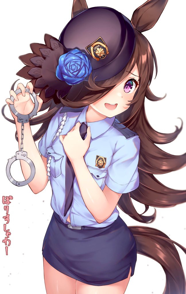 1girl animal_ears black_headwear black_neckwear black_skirt blue_flower blue_rose blush brown_hair cowboy_shot cuffs flower hair_over_one_eye hat hat_flower holding horse_ears horse_girl horse_tail long_hair neckerchief open_mouth pencil_skirt pizza_(artist) police police_uniform policewoman rice_shower_(umamusume) rose shackles short_sleeves skirt smile solo tail tilted_headwear umamusume uniform upper_teeth violet_eyes white_background