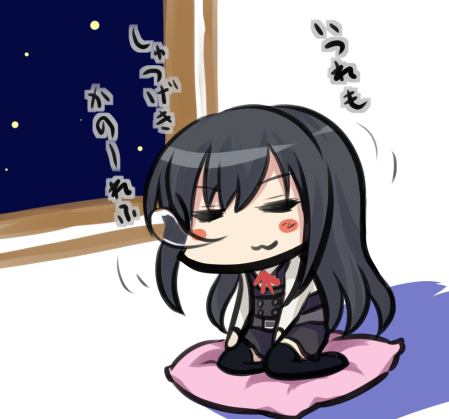 1girl :3 asashio_(kancolle) black_hair black_legwear blush_stickers chibi commentary_request cushion dress full_body kantai_collection kneeling long_hair long_sleeves lowres makura_(user_jpmm5733) night nose_bubble pinafore_dress remodel_(kantai_collection) sleeping solo thigh-highs translation_request window zabuton
