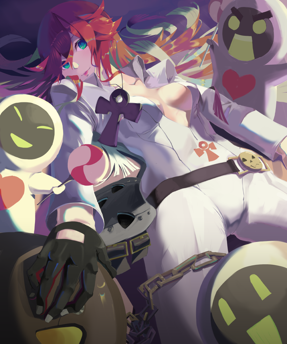 1girl ankh_necklace arthuralucard broken_halo candy food green_eyes guilty_gear guilty_gear_strive halo heart highres jack-o'_valentine long_hair looking_at_viewer very_long_hair