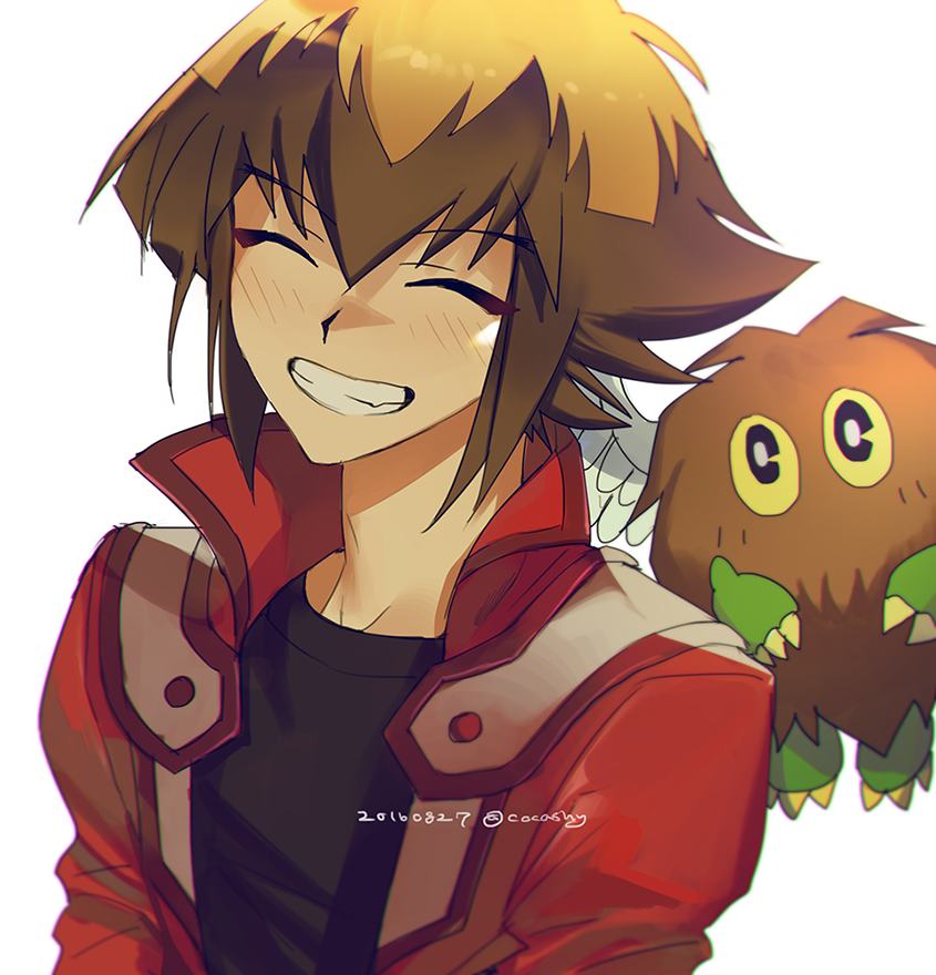 1boy bangs blush brown_hair cocaduel creature grin hair_between_eyes jacket light_brown_hair long_sleeves male_focus multicolored_hair open_clothes open_jacket red_jacket school_uniform short_hair sidelocks smile solo two-tone_hair upper_body winged_kuriboh yu-gi-oh! yu-gi-oh!_gx yuuki_juudai