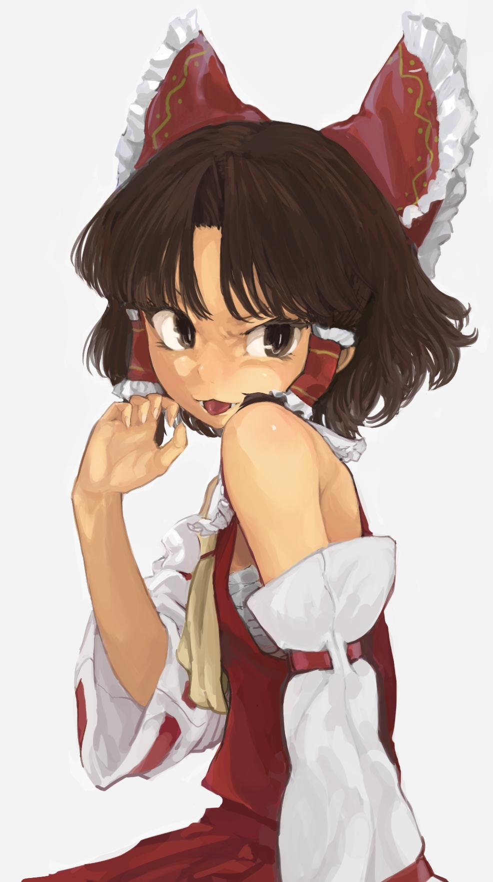 1girl :3 bangs benikurage_(cookie) bow breasts brown_eyes brown_hair claw_pose commentary_request cookie_(touhou) cowboy_shot detached_sleeves fangs frilled_bow frilled_hair_tubes frills hair_bow hair_tubes hakurei_reimu highres looking_at_viewer medium_hair necktie open_mouth parted_bangs red_bow red_shirt red_skirt ribbon-trimmed_sleeves ribbon_trim sarashi shirt simple_background skirt sleeveless sleeveless_shirt small_breasts solo tongue tongue_out touhou white_background white_sleeves yellow_neckwear yma