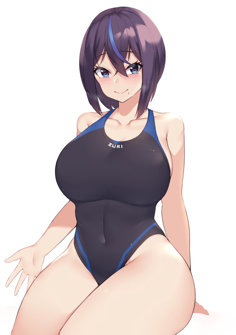 arm_up bangs black_swimsuit blue_hair breasts breath commentary commentary_request competition_swimsuit covered_navel crossed_bangs english_text heart heart-shaped_pupils heavy_breathing kuavera large_breasts miyako_(kuavera) mole mole_under_mouth multicolored multicolored_hair one-piece_swimsuit original purple_hair short_hair simple_background sitting smile streaked_hair swimsuit symbol-shaped_pupils thighs white_background wide_hips