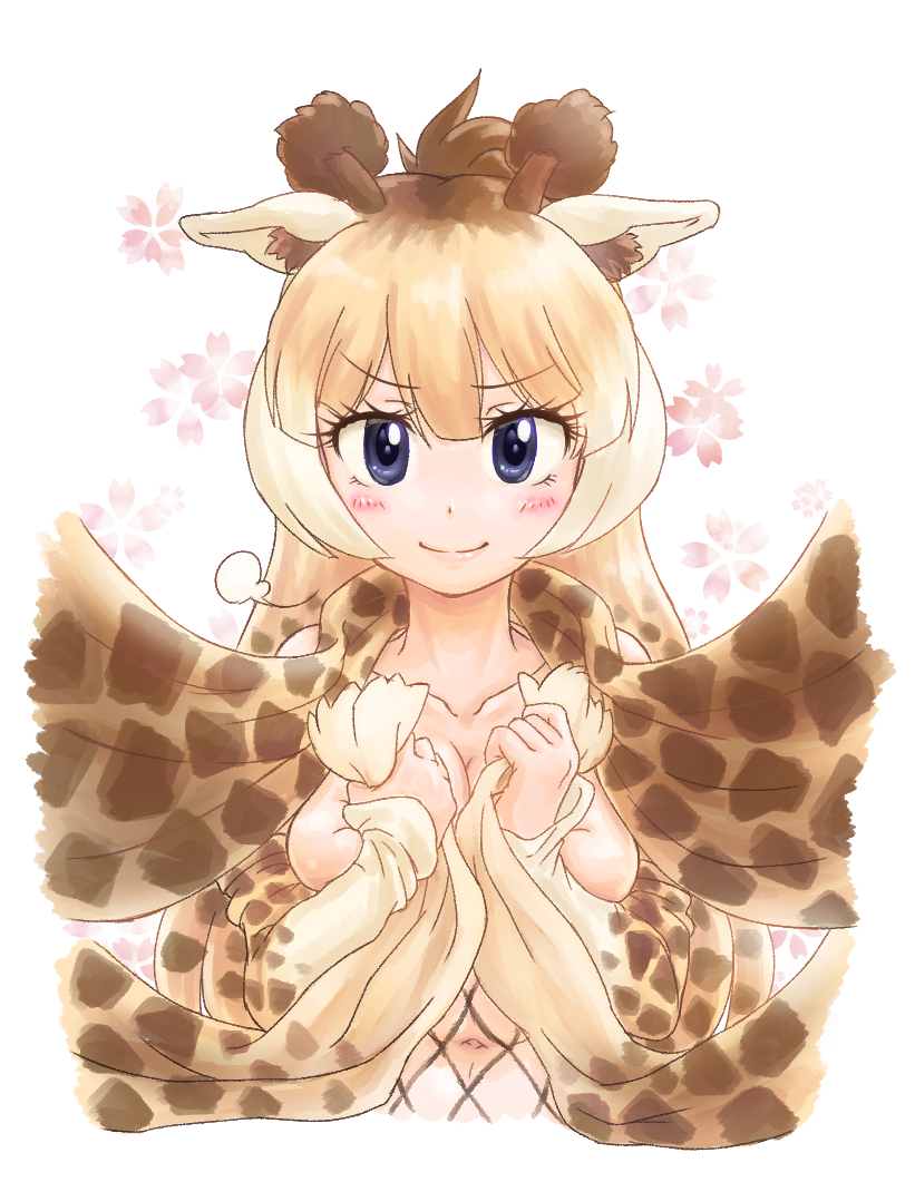 &gt;:) 1girl =3 alternate_costume animal_ears bangs bare_shoulders blonde_hair blue_eyes breast_press breasts brown_hair closed_mouth collarbone detached_sleeves eyebrows_visible_through_hair fishnets giraffe_ears giraffe_horns giraffe_print hands_up horns kemono_friends lips looking_at_viewer medium_breasts mikan_toshi multicolored_hair navel parted_bangs print_scarf reticulated_giraffe_(kemono_friends) scarf skindentation smile solo stomach upper_body v-shaped_eyebrows