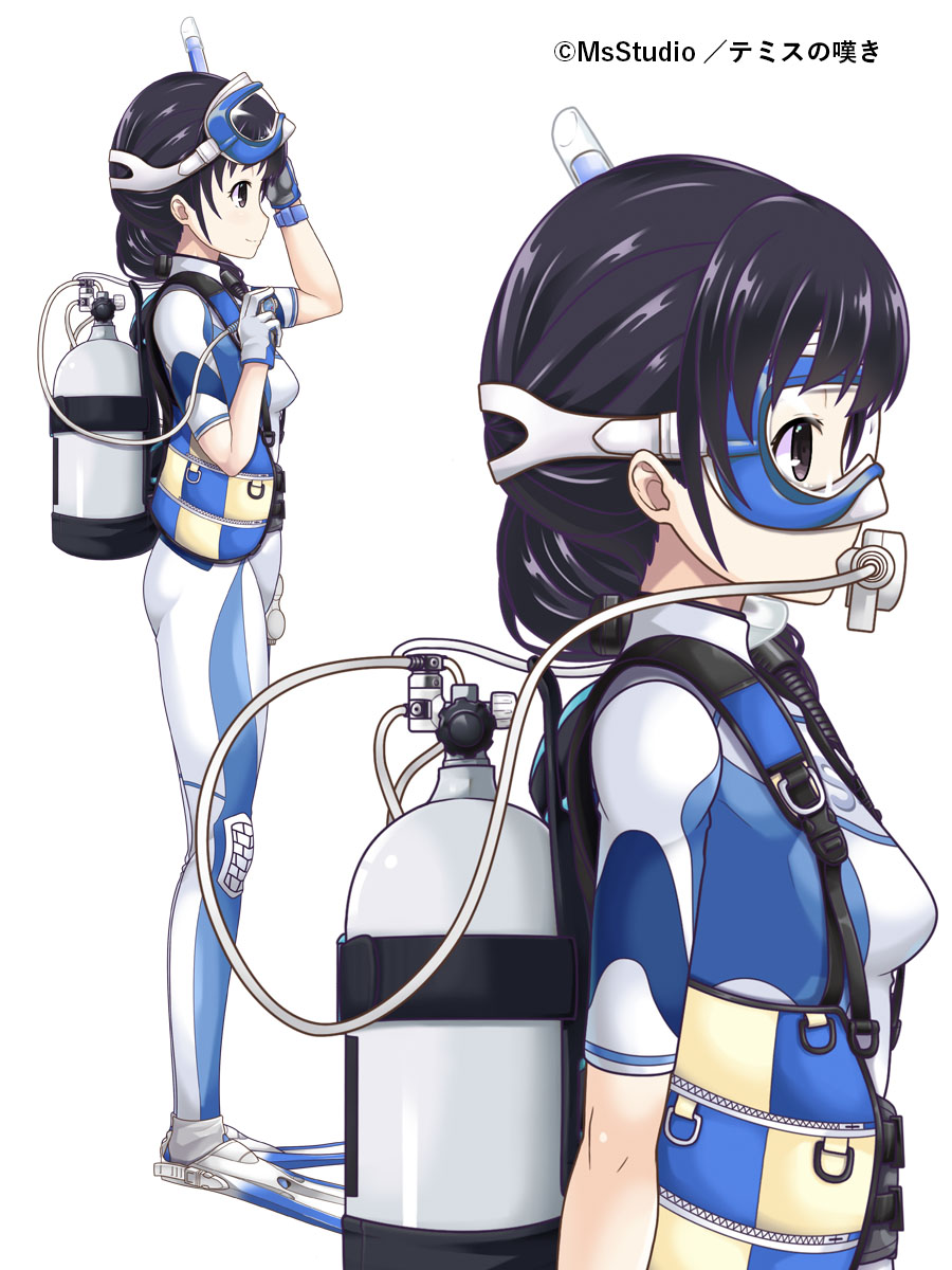 1girl adjusting_goggles artist_name bangs black_hairband blue_bodysuit bodysuit brown_eyes commentary diving_mask diving_mask_on_head flippers from_side full_body goggles goggles_on_head hairband highres hose in_mouth light_smile long_hair mouth_hold original ponytail scuba_gear scuba_tank snorkel temisu_no_nageki thigh_gap wetsuit white_bodysuit zoom_layer