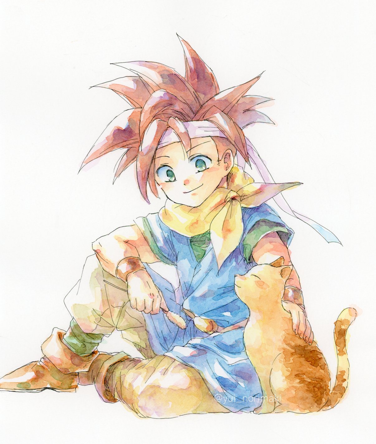 1boy blue_tunic boots bracer brown_footwear cat chrono_trigger closed_mouth crono_(chrono_trigger) full_body green_eyes green_shirt headband highres holding holding_plant male_focus neckerchief pants petting plant redhead shirt short_hair short_sleeves sitting smile spiky_hair traditional_media twitter_username white_background white_headband white_pants yellow_neckerchief yui_norimaki