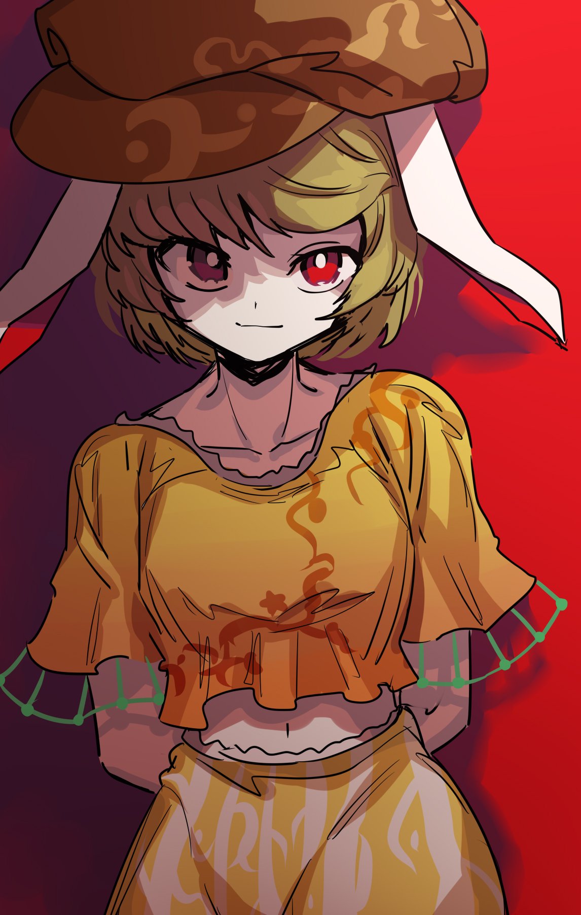 1girl animal_ears asuku_(69-1-31) blonde_hair brown_headwear cabbie_hat collarbone flat_cap floppy_ears hat highres looking_at_viewer midriff navel orange_shirt rabbit_ears red_eyes ringo_(touhou) shirt short_hair shorts standing striped striped_shorts touhou yellow_shorts