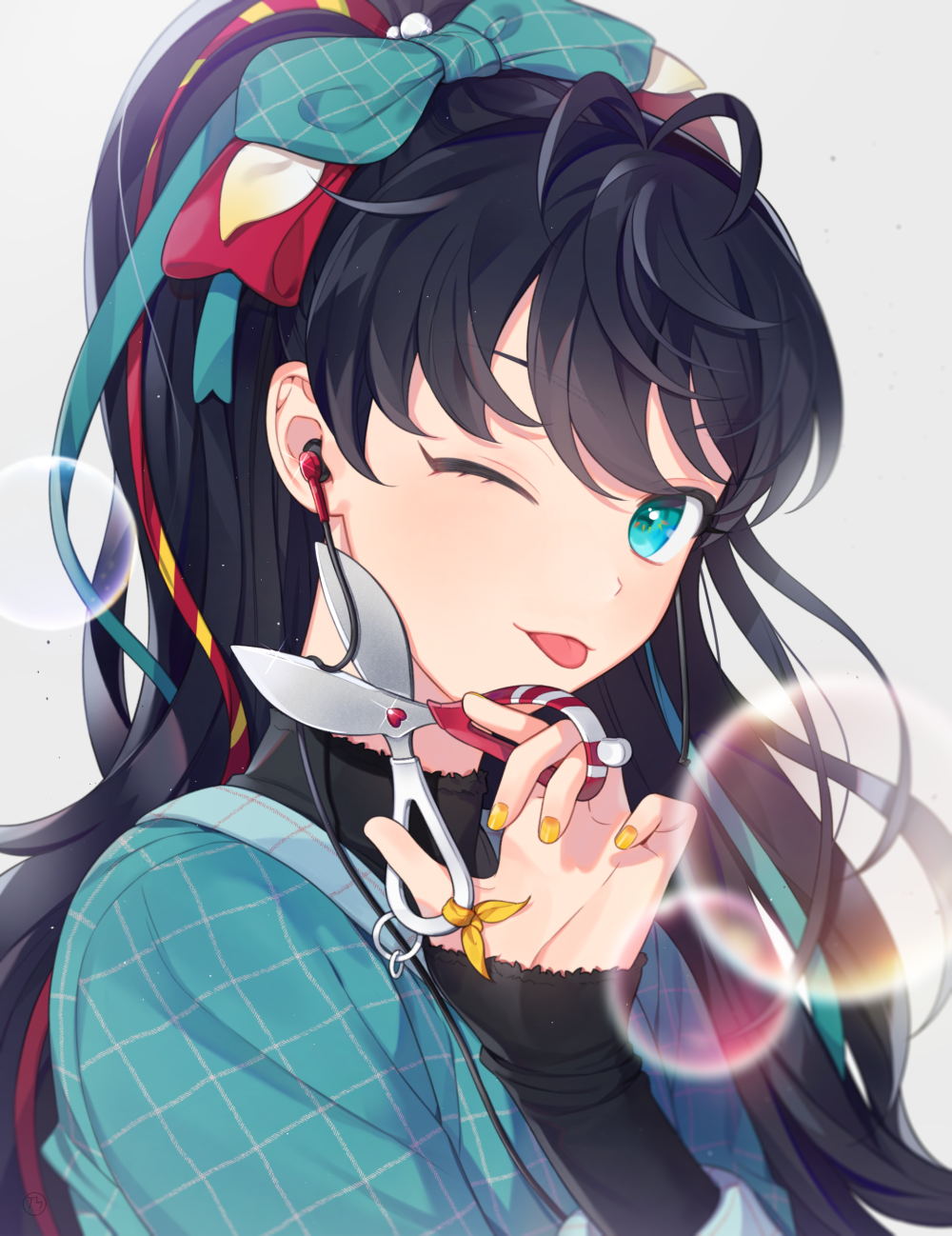 1girl ;p antenna_hair aqua_bow aqua_eyes bangs black_hair blush bow cable earphones eyebrows_visible_through_hair fingernails ganaha_hibiki glint hair_bow heart highres idolmaster idolmaster_(classic) long_fingernails long_sleeves looking_at_viewer nail_polish one_eye_closed ponytail scissors simple_background sleeves_past_wrists smile soap_bubbles solo sooryang tongue tongue_out upper_body white_background yellow_nails