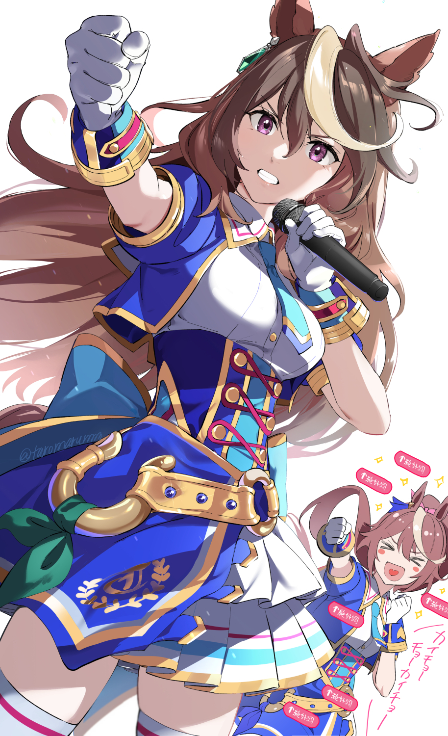 &gt;o&lt; 2girls animal_ears aqua_neckwear bangs blue_ribbon bow breasts brown_hair clenched_hand closed_eyes corset ear_ribbon earrings gloves gold_trim green_ribbon hair_between_eyes hair_bow hair_ornament heart heart_in_mouth highres holding holding_microphone horse_ears horse_girl idol_clothes jewelry long_hair medium_breasts microphone misu_kasumi multicolored_hair multiple_girls necktie open_mouth outstretched_arm pink_bow ponytail ribbon sash scrunchie short_sleeves shorts single_earring skindentation skirt solo streaked_hair symboli_rudolf_(umamusume) teeth thigh-highs tokai_teio_(umamusume) two-tone_hair umamusume violet_eyes white_background white_gloves white_hair white_legwear white_shorts wrist_cuffs