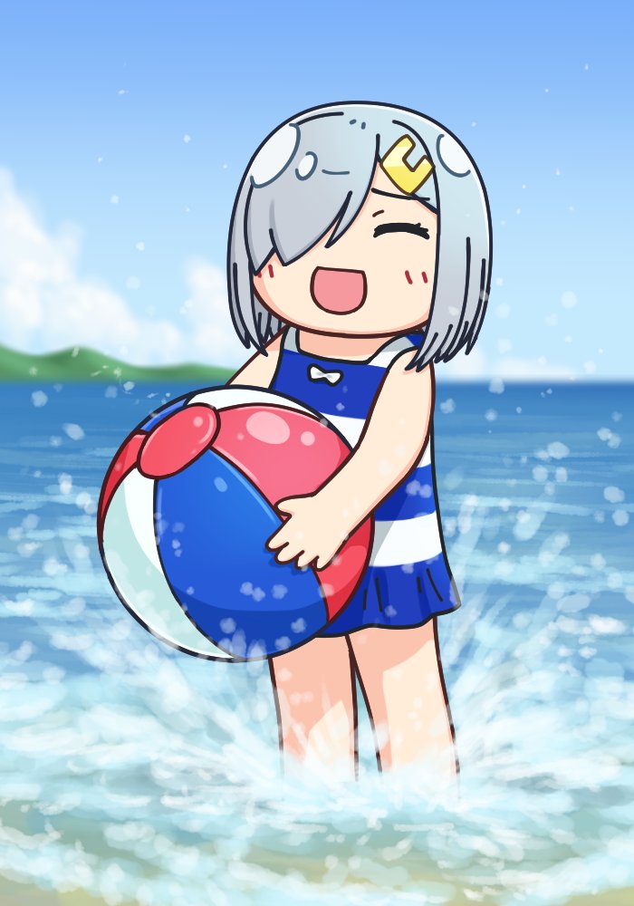 1girl ball beachball blue_sky closed_eyes clouds day dress hair_ornament hair_over_one_eye hairclip hama!_(3toshinhmkz) hamakaze_(kancolle) holding holding_ball horizon kantai_collection ocean outdoors short_hair silver_hair sky smile soaking_feet solo striped striped_dress water