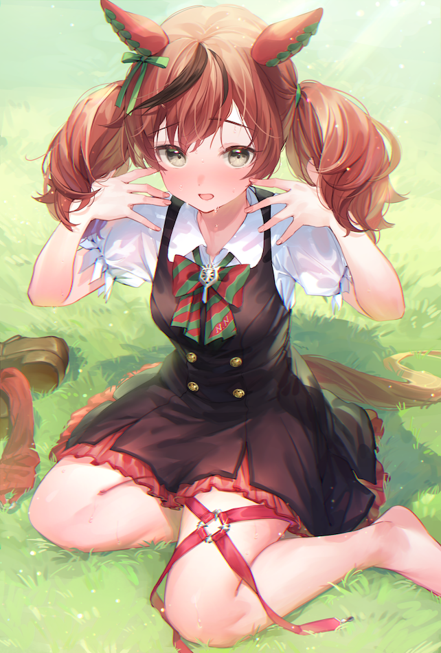 1girl animal_ears blush boots boots_removed breasts brown_eyes grass horse_ears horse_girl horse_tail looking_at_viewer medium_hair nice_nature_(umamusume) open_mouth ouri_(aya_pine) redhead ribbon seiza shoes shoes_removed short_twintails sitting solo sweat tail thighs twintails umamusume