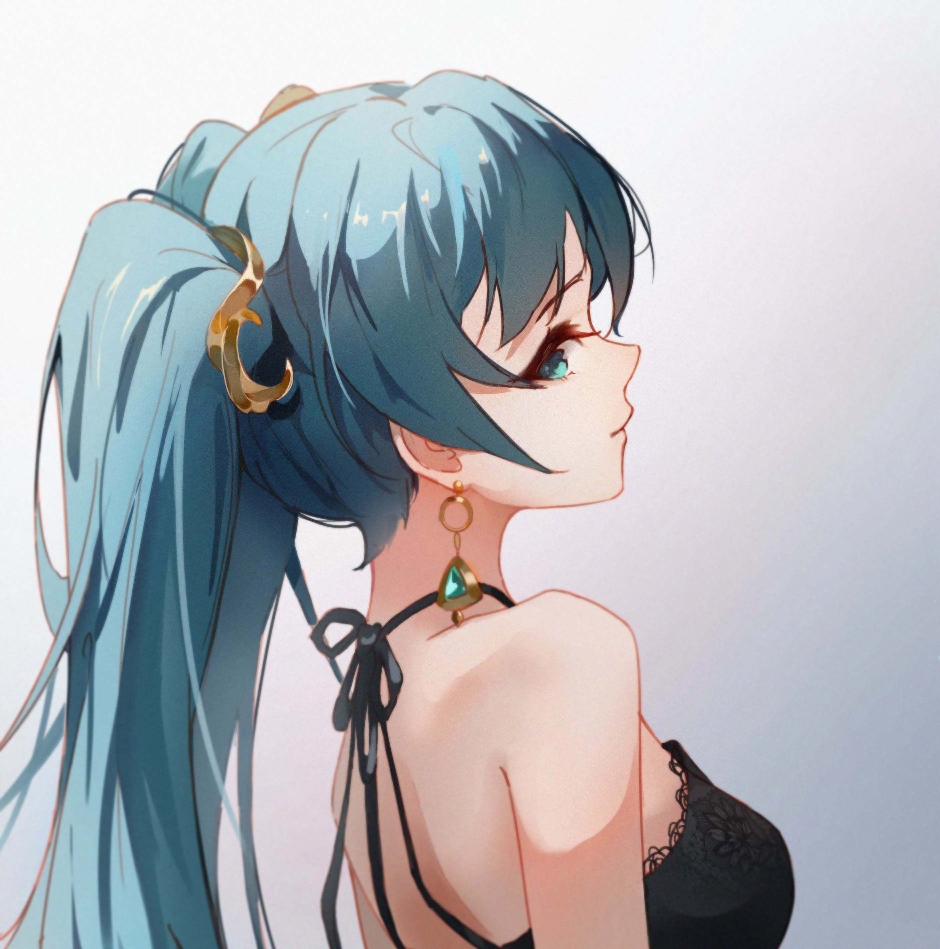 1girl bangs bare_shoulders black_dress blue_eyes blue_hair breasts closed_mouth commentary_request dress earrings from_side gradient gradient_background grey_background hair_ornament hatsune_miku hatsune_miku_(vocaloid4)_(chinese) jewelry long_hair looking_at_viewer looking_to_the_side medium_breasts profile sideways_glance sleeveless sleeveless_dress smile solo spica-sh twintails upper_body vocaloid