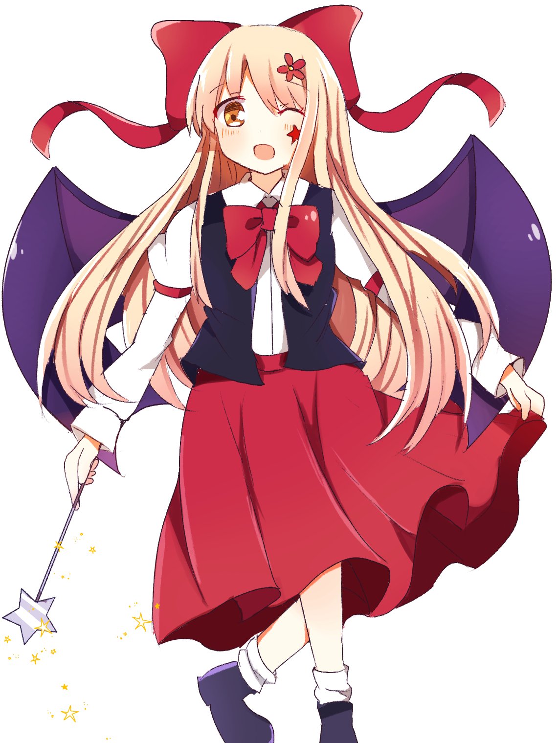 1girl artist_request bat bat_wings black_footwear black_vest blonde_hair blush bow elis_(touhou) facial_mark flower flower_on_head hair_bow highres juliet_sleeves long_skirt long_sleeves one_eye_closed open_mouth puffy_sleeves red_bow red_neckwear red_skirt shirt simple_background skirt star_wand touhou touhou_(pc-98) vest white_background white_shirt wings yellow_eyes