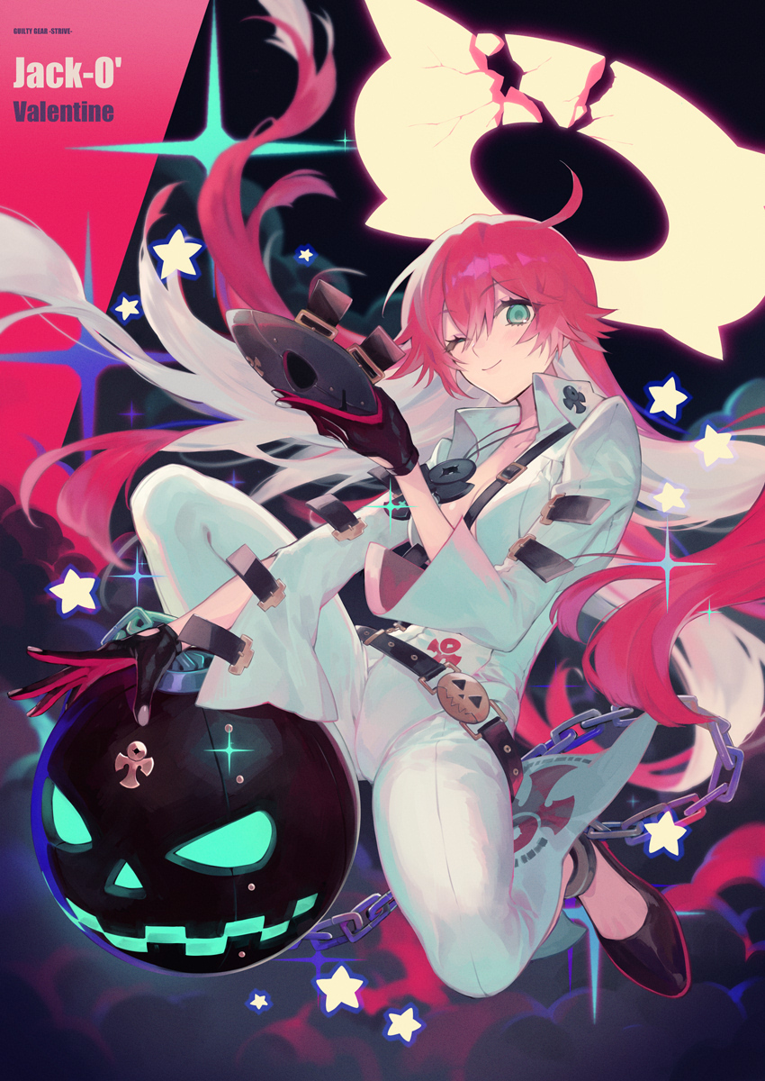 1girl ankh ankh_necklace ball_and_chain_restraint bellbottoms belt broken_halo chain green_eyes guilty_gear halo highres jack-o'-lantern jack-o'_valentine long_hair mask mask_removed multicolored_hair one_eye_closed pink_hair suzunashi two-tone_hair very_long_hair