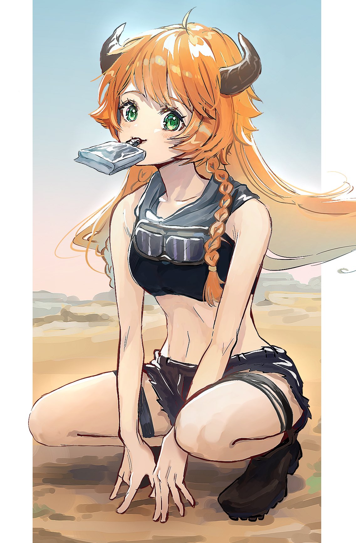 1girl ahoge arknights bare_arms black_footwear black_shorts black_tank_top collarbone commentary cow_horns croissant_(arknights) croissant_(seeker)_(arknights) crop_top desert full_body goggles goggles_around_neck green_eyes highres horns long_hair looking_at_viewer midriff nanaponi official_alternate_costume orange_hair pillarboxed sand shorts side_braids solo squatting tank_top