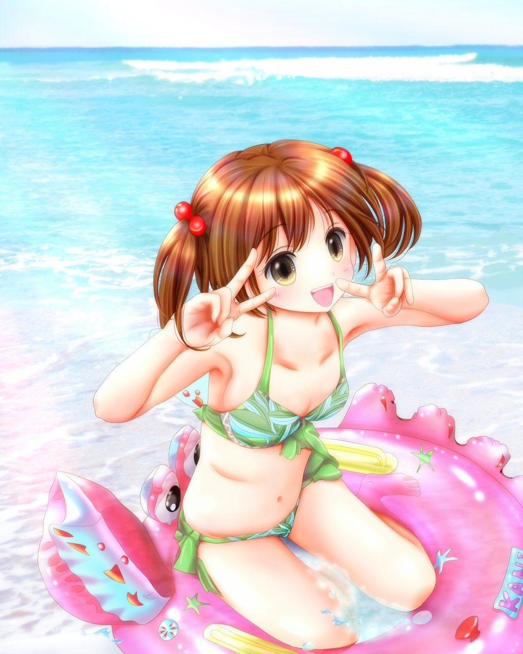 1girl bikini blue_sky breasts brown_hair clouds commentary_request cowboy_shot day double_v green_bikini hair_bobbles hair_ornament highres horizon innertube looking_at_viewer ocean original outdoors sky small_breasts smile solo swimsuit tsukino_miyu twintails v yellow_eyes