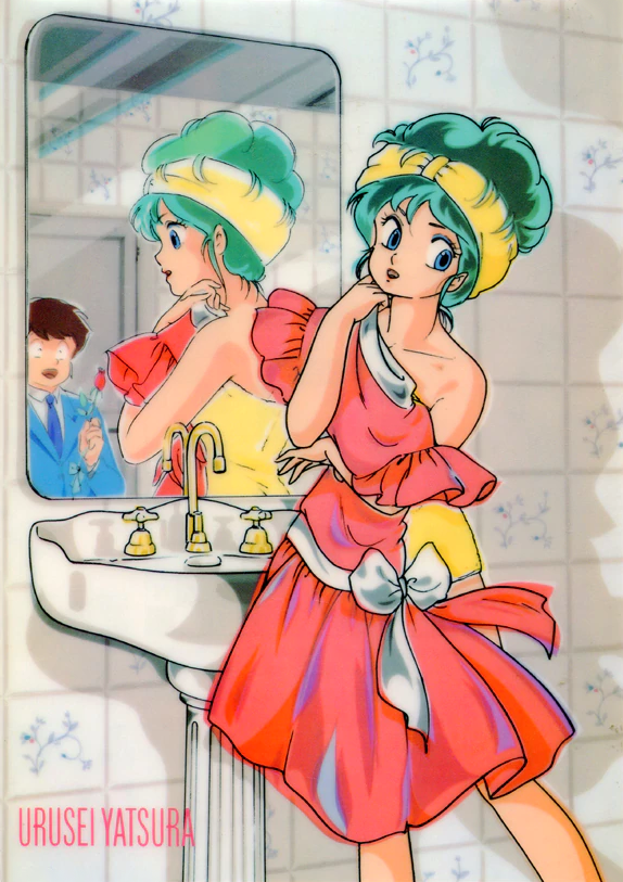 1980s_(style) 1boy 1girl blue_eyes copyright_name dress feet_out_of_frame green_hair hair_up holding holding_clothes holding_dress indoors lum mirror moroboshi_ataru official_art oni open_mouth reflection retro_artstyle sink solo_focus standing tile_wall tiles urusei_yatsura