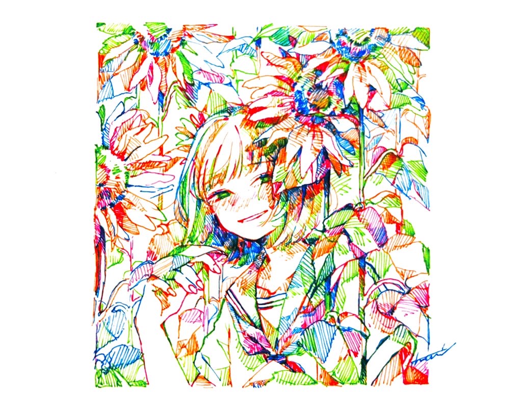 1girl bangs blush collarbone colorful cropped_torso flower green_eyes hatching_(texture) leaning_to_the_side looking_at_viewer neckerchief original sailor_collar school_uniform serafuku short_hair short_sleeves signature smile solo square sunflower tmari traditional_media upper_body white_background